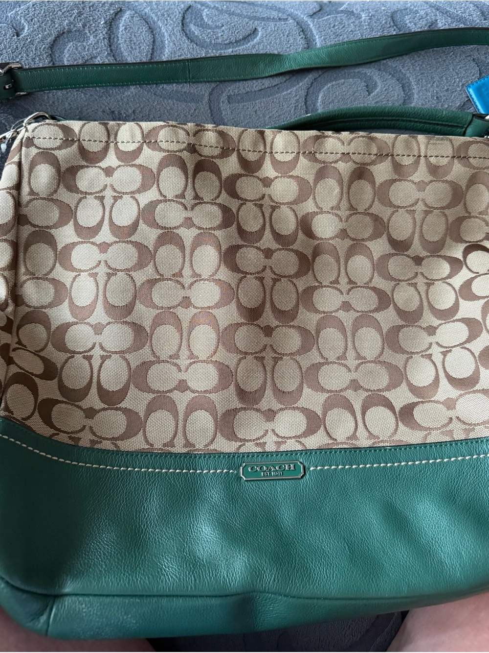Coach Beige Signature Canvas with Green Leather Hobo Bag